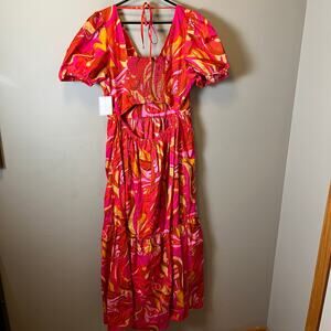 1.State Pink & Orange Puff Sleeve Tiered Maxi Dress 100% Cotton Summer Large New